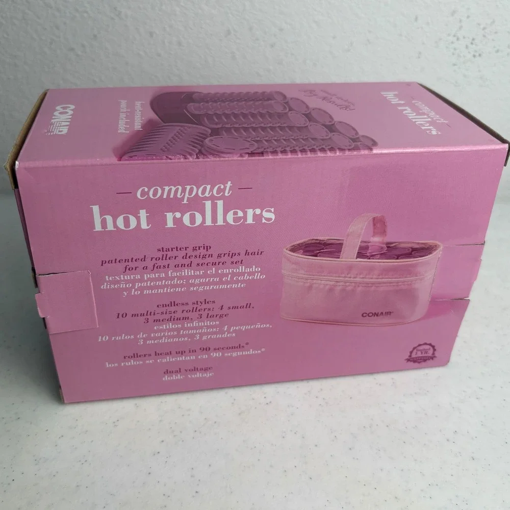 NEW Conair Compact Hot Rollers 10 Multi-Size Hair Setter with Travel Pouch Pink